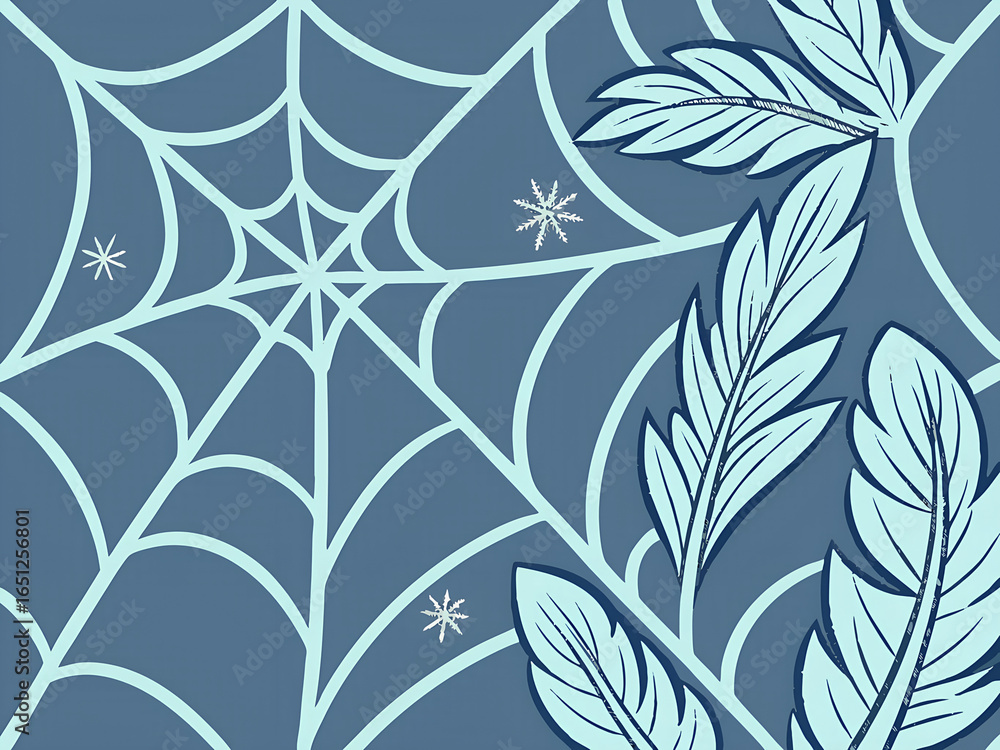 Fototapeta premium Intricate blue spiderweb pattern with delicate pine needles on a soft gray background