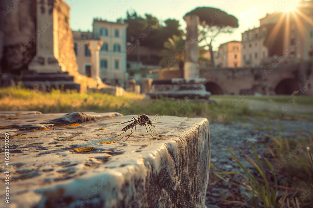Obraz premium Tiger mosquito on a stone bench in a Roman park at sunset, symbolizing the rise of mosquito-borne diseases in Mediterranean cities and Europe