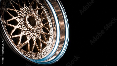 Shiny metallic wheel rim with intricate geometric design and reflections, dark background highlighting modern automotive engineering