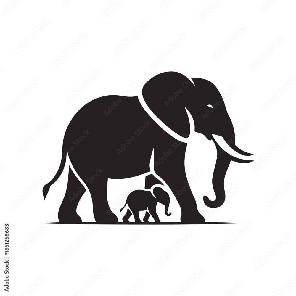 Obraz premium elephant with baby vector silhouette clip art logo design illustration. elephant baby icon set collections.