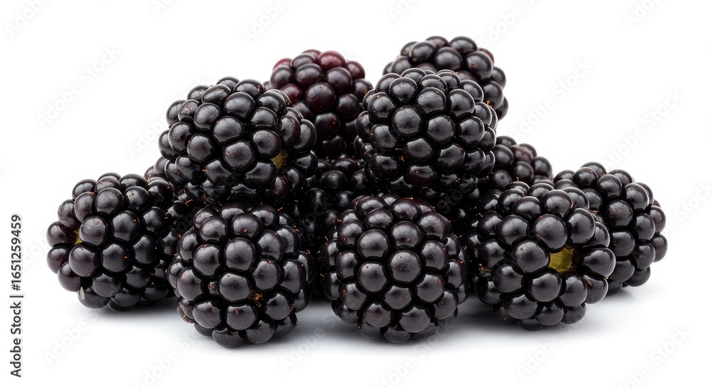 Close-up of fresh blackberries reveals intricate textures and deep, luscious color against a Close-up of fresh blackberries reveals intricate textures and deep, luscious color against a