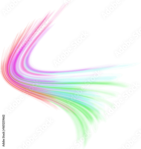 Vibrant swirling trails of magenta purple blue green and white light against a white background