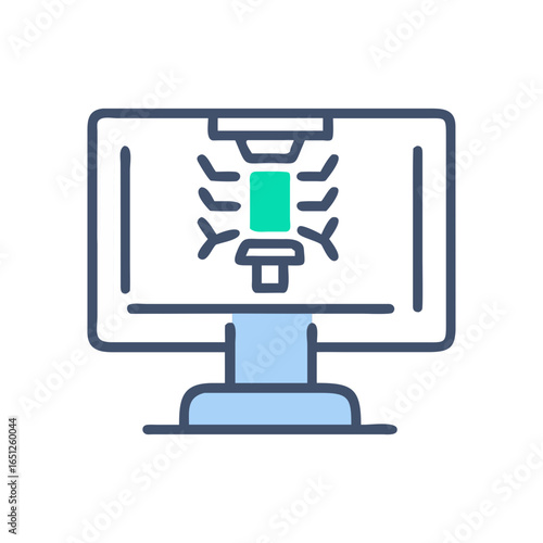 Desktop monitor displaying a human skeleton spine xray image. Medicine technology concept. Vector line icon for medical application.