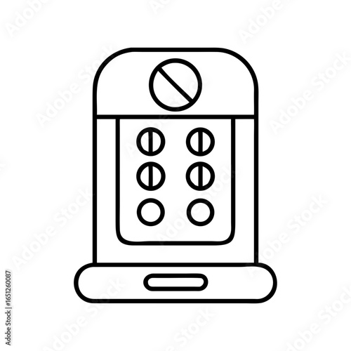 Automated medicine dispenser or smart pill box device outline icon for medical technology concept. Vector line illustration for web, app, graphic