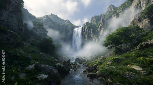 Serene Mountain Waterfall: Misty Gorge, Lush Greenery, Tranquil Stream, Digital Painting