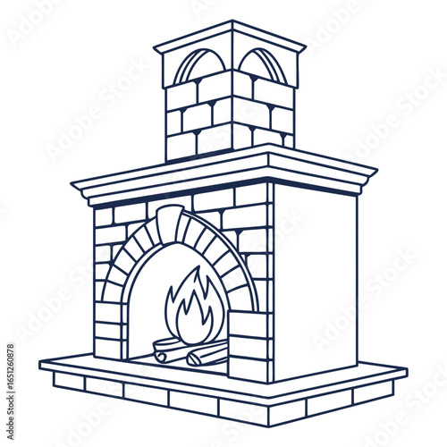 Outline Drawing Of A Brick Fireplace With Fire chimney
