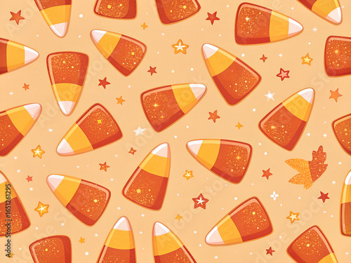 Seamless pattern of colorful candy corn and autumn leaves for halloween
