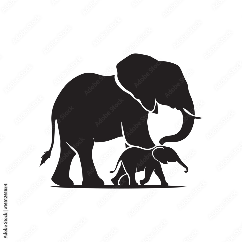 Fototapeta premium elephant with baby vector silhouette clip art logo design illustration. elephant baby icon set collections.