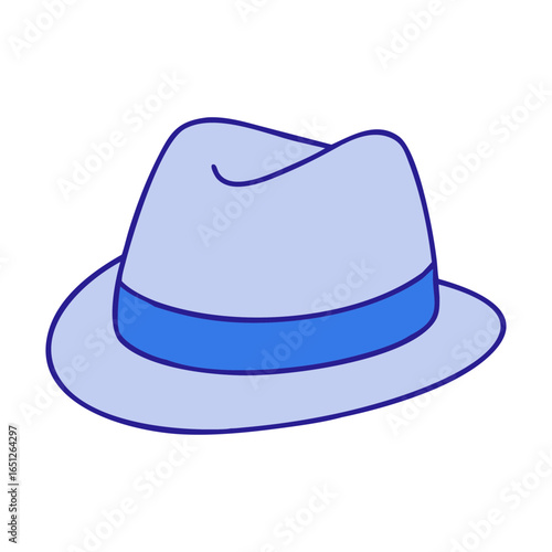 Illustration of a light blue fedora hat with a blue band, vintage fashion headwear accessory icon