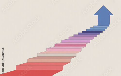 An ascending staircase on a red background illustrates the concept of success and business growth