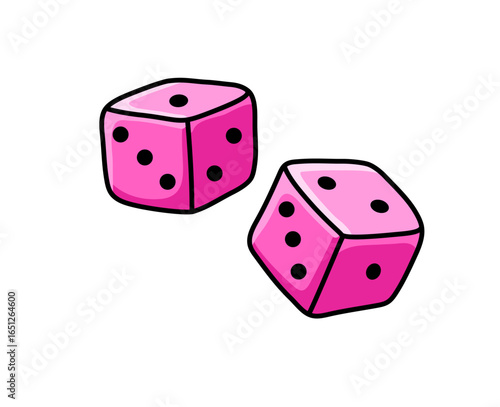 Two pink dice cubes cartoon elements isolated on white background. Vector illustration.