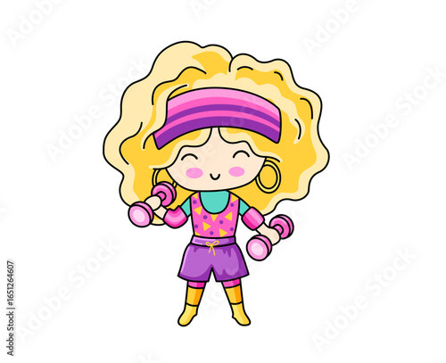 Cute girl in retro aerobics outfit with dumbbell.  Fitness cartoon character. Isolated vector illustration.