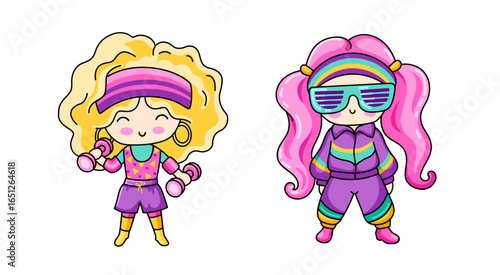 Cute girls wearing 80s 90s sport aerobics outfit. Kawaii cartoon characters in retro clothes. Isolated vector illustration.