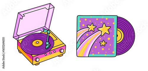 Vinyl record player, turntable. Retro music audio device. Cartoon icon. Isolated vector illustration.