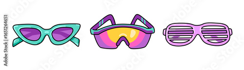 Retro sunglasses cartoon collection. Cat eye glasses, shutter shades, sport glasses. 80s 90s fashion style accessory. Isolated vector illustration.
