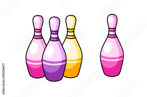 Group of colorful bowling pins, skittle cartoon element. Isolated vector illustration.