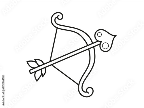 Cupid bow with arrow. Love icon. Arrow with heart. Isolated outline vector illustration.