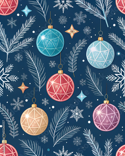 Festive seamless pattern of colorful glass christmas ornaments and delicate white snowflakes on a dark blue background