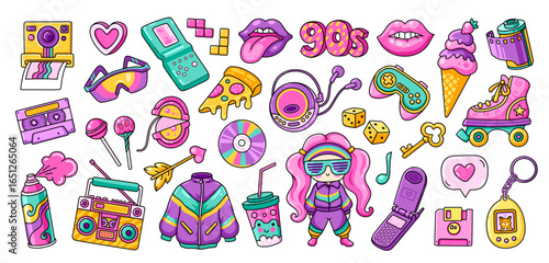 Set of cute retro colorful stickers. Fashion, music, game, tech, lifestyle. 90s style cartoon collection. Patch, badge, icon. Vector illustrations.