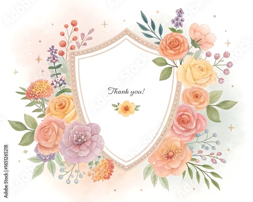 Elegant watercolor floral crest frame with delicate pastel roses and greenery for invitations and cards