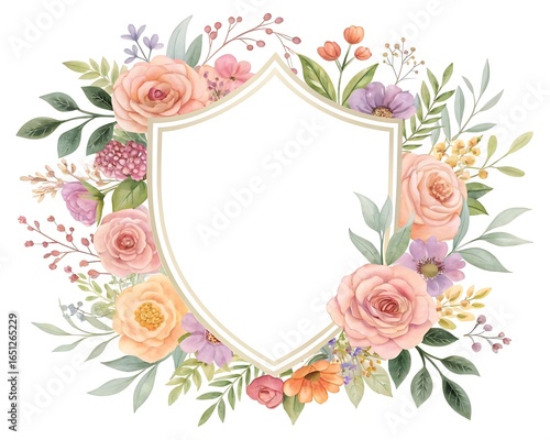 Elegant watercolor floral crest frame with delicate pastel roses and greenery for wedding invitations and branding