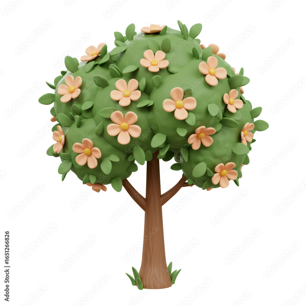 Fototapeta premium Cartoon 3D Render of a Blooming Tree with Orange Flowers
