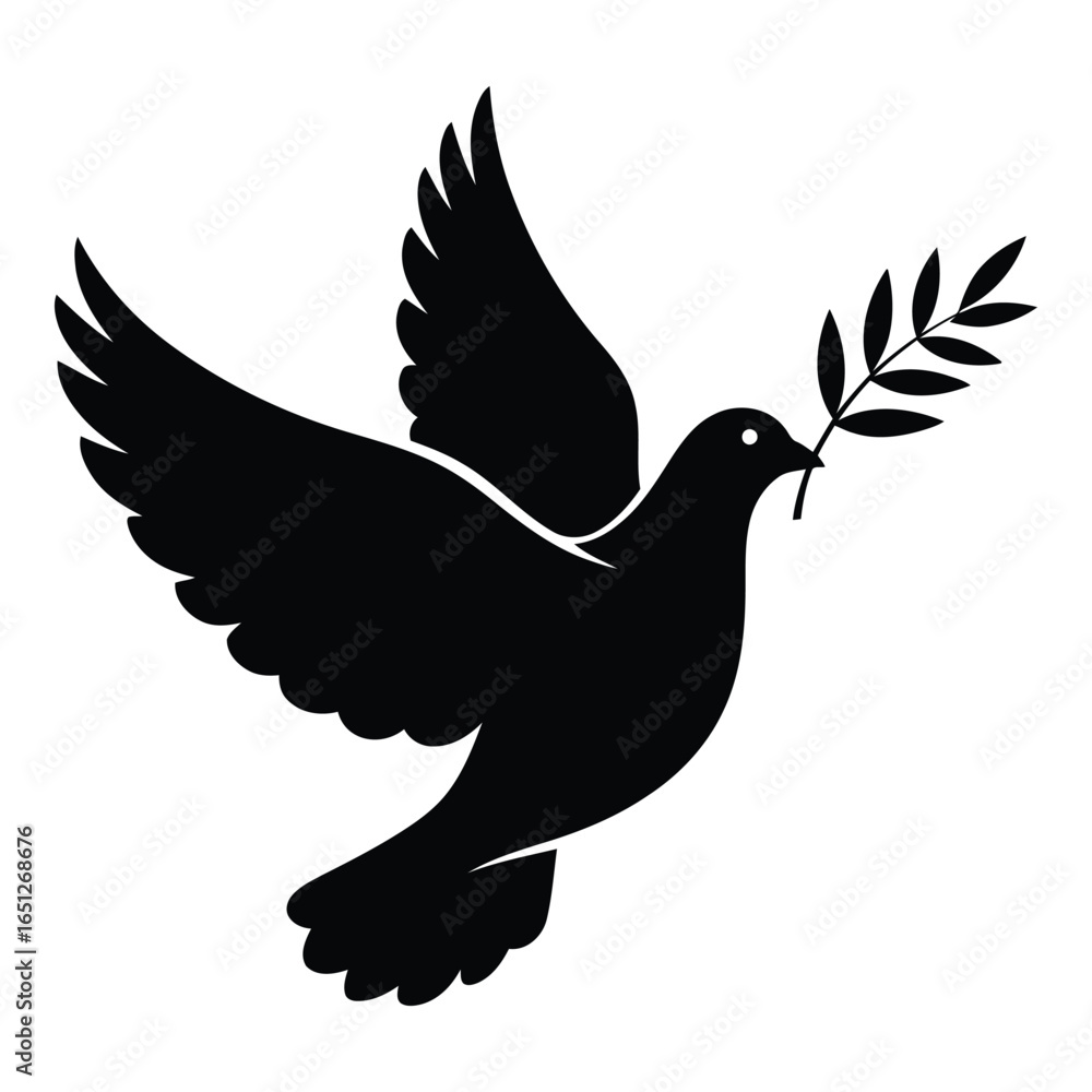 Fototapeta premium Black Silhouette of a Dove Flying with Olive Branch Symbolizing Peace and Hope for the Future