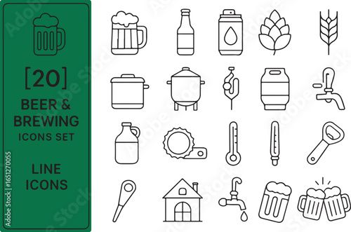 Collection of Beer and Brewing Line Icons for Craft Brewery or Homebrewing Projects and Design Applications Showing the Different Aspects of Brewing