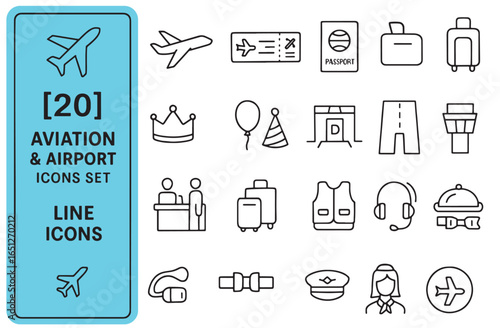Aviation and Airport Icons Set Outline Style for Web and Mobile Design Vector Illustration with Variety of Travel Related Graphics