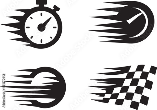 Racing Speed and Performance Icons in Black and White Graphic Depiction of Time and Victory in Motion