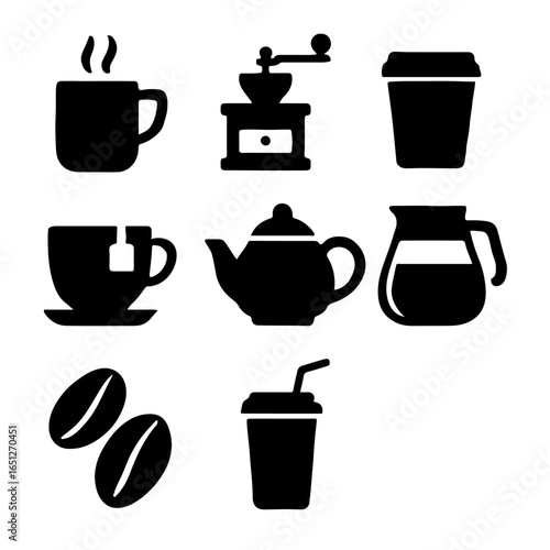 Coffee tea vector icons set hot drinks cafe menu design elements black silhouette isolated on white background