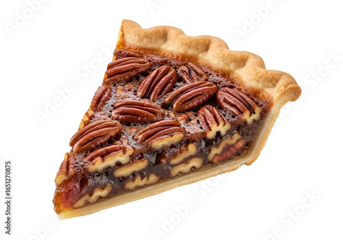 Close-up of a pecan pie slice, showcasing the rich brown filling and toasted pecans.