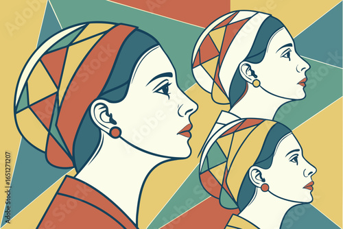 Three women in profile with geometric headscarves and colorful background