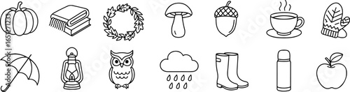 large set of autumn-themed icons with themed food, plants and details that reveal the theme of autumn in line art style, for postcards, posters or business cards