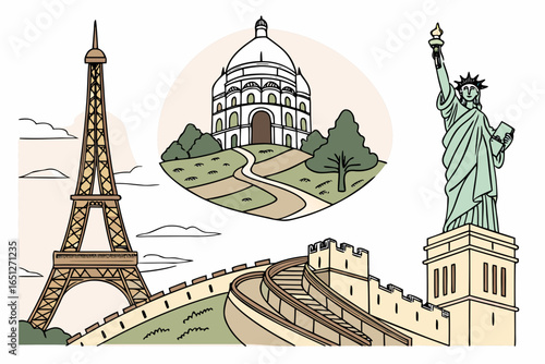 Famous landmarks collage eiffel tower statue of liberty great wall and sacre coeur