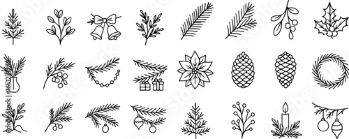 large set of icons on the theme of Christmas plants with flowers and branches of needles that reveal the theme of Christmas in line art style, for postcards, posters or business cards