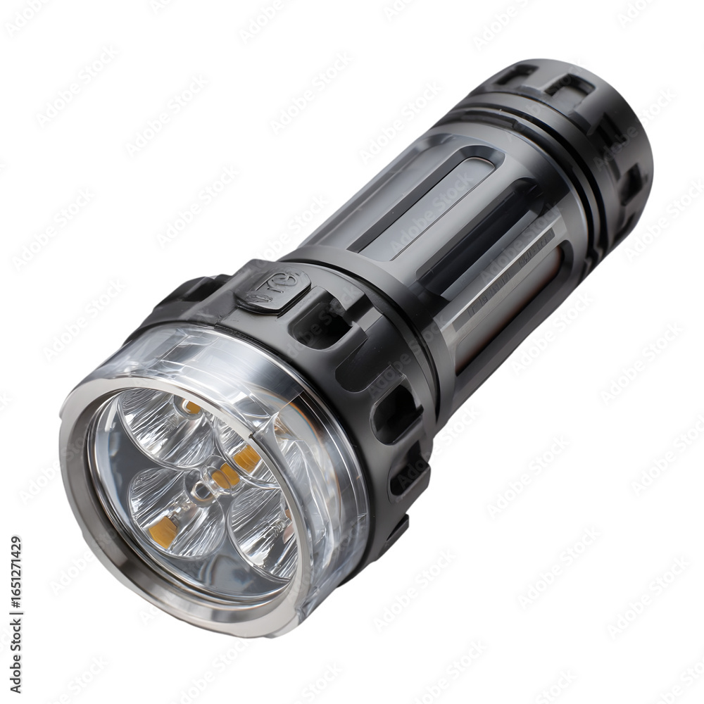 Powerful Flashlight: a modern, high-powered flashlight featuring bright LED lights, showcasing its robust design and functionality for any situation. Powerful Flashlight: a modern, high-powered flashlight featuring bright LED lights, showcasing its robust design and functionality for any situation.