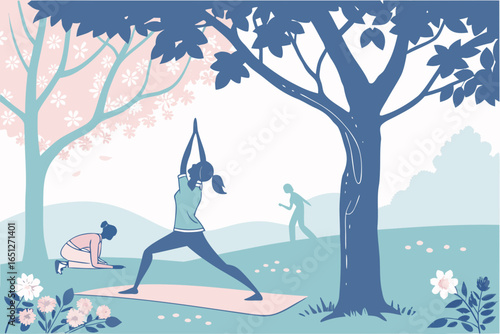 People practicing yoga and walking in a park with blooming trees