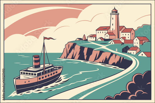 Vintage steamboat approaches coastal lighthouse village