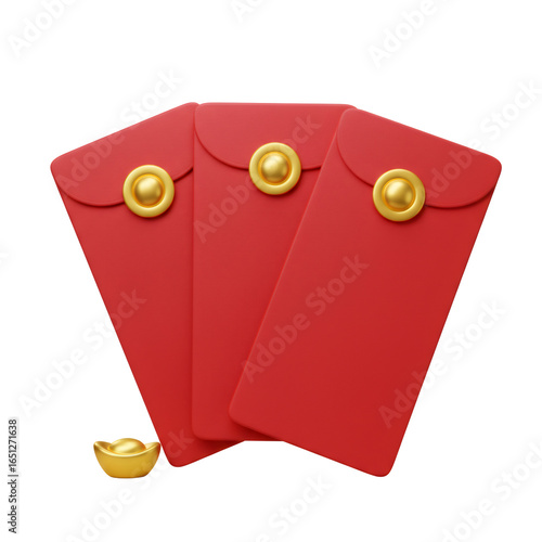 Three Red Chinese Lucky Money Envelopes with Gold Ingot