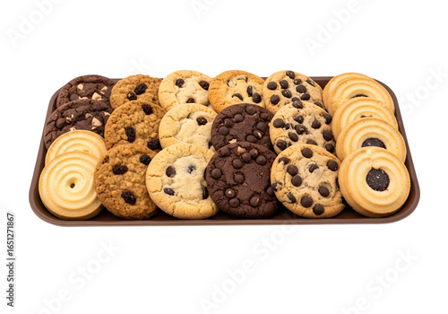A variety of delicious cookies arranged attractively on a brown tray against a black backdrop.