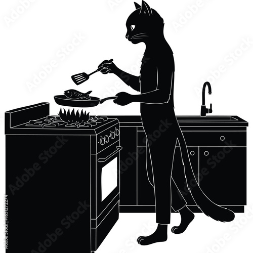 Anthropomorphic Black Cat Chef Cooking Fish on Stovetop, Kitchen Silhouette