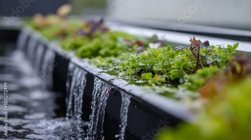 Close-up of rainwater collected in green roof drainage system in an urban setting