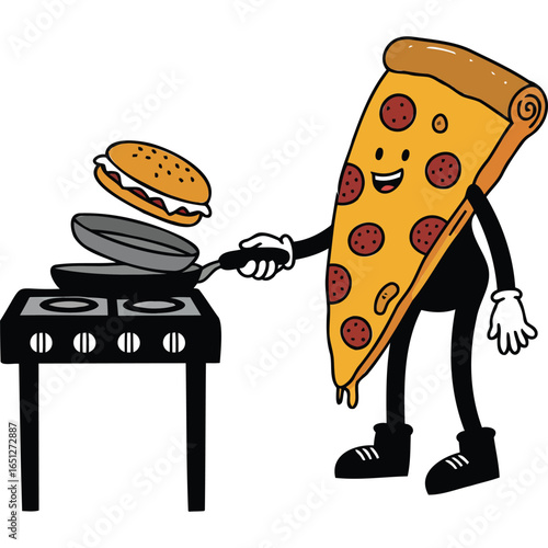 Funny Pizza Slice Character Cooking Burger on Stove