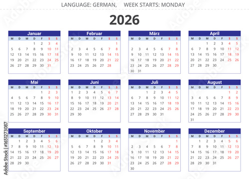 GERMAN annual calendar for 2026 year. Vector illustration for Germany