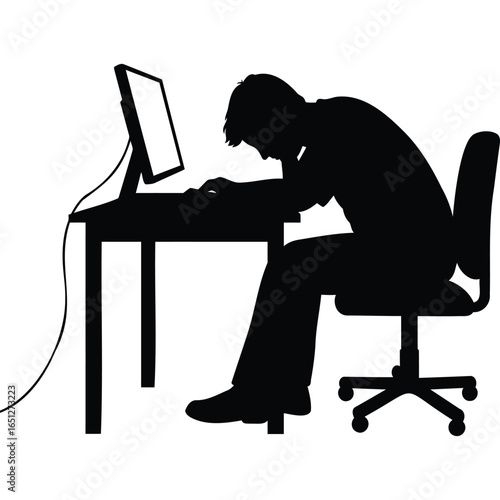 Exhausted Man Slouching at Computer Desk, Silhouette Illustration