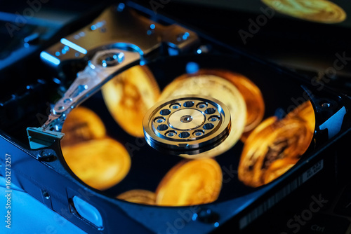 Reflection of gold coins of the cryptocurrency on the hard disk