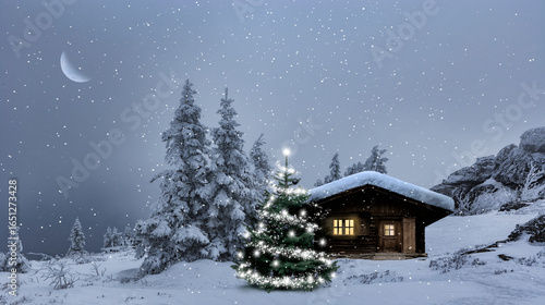 Weihnachtliche Stimmung mit einer Berghütte im Schnee