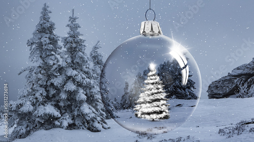 Weihnachtliche Stimmung mit einer Gläsernen Weihnachtskugel im Schnee