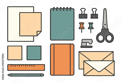 Stationery items arranged for office and creative projects